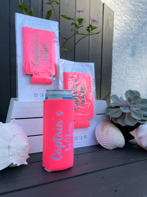 "Captain's Wifey" Neoprene Slim Can Cooler - Bright Coral