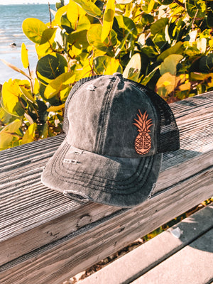 High Pony Ball Cap - Leather Mer-Apple Patch - Washed Denim